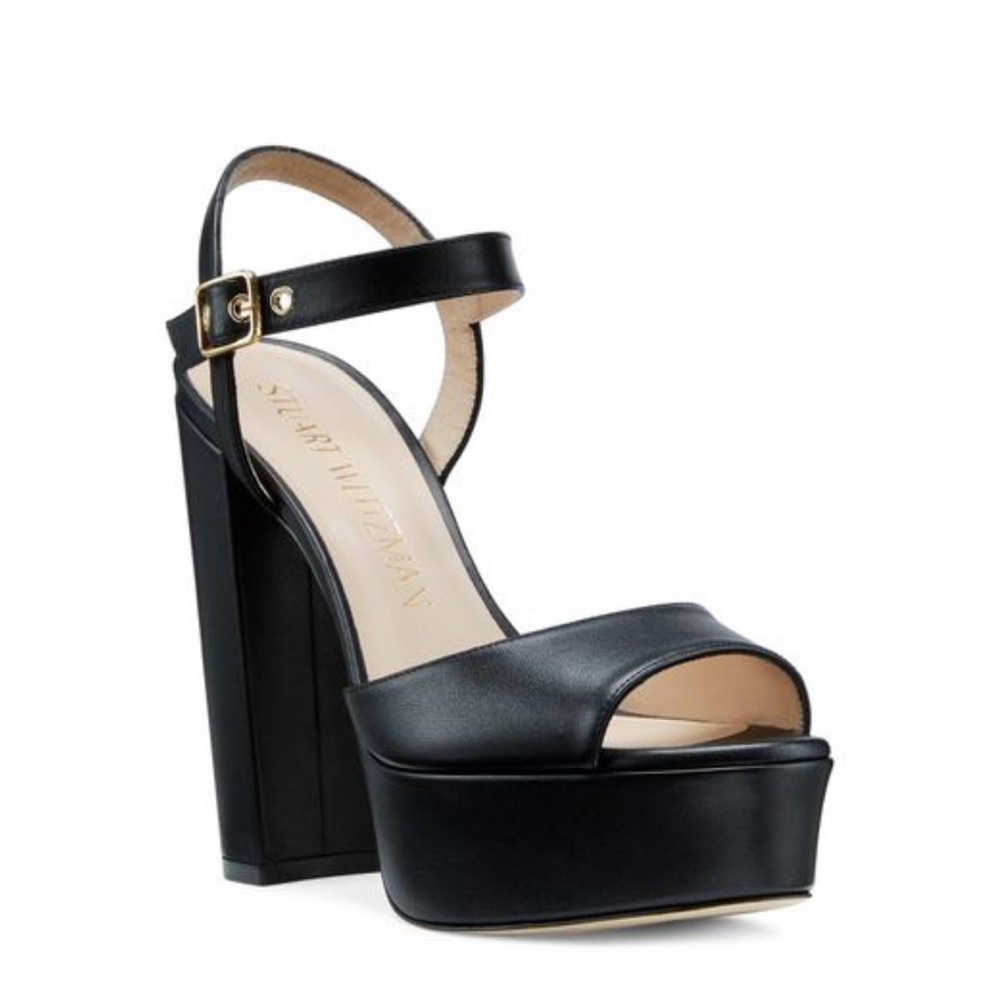 New Stuart Weitzman Black Leather Ryder 95 Platform Sandal Size 9.5W